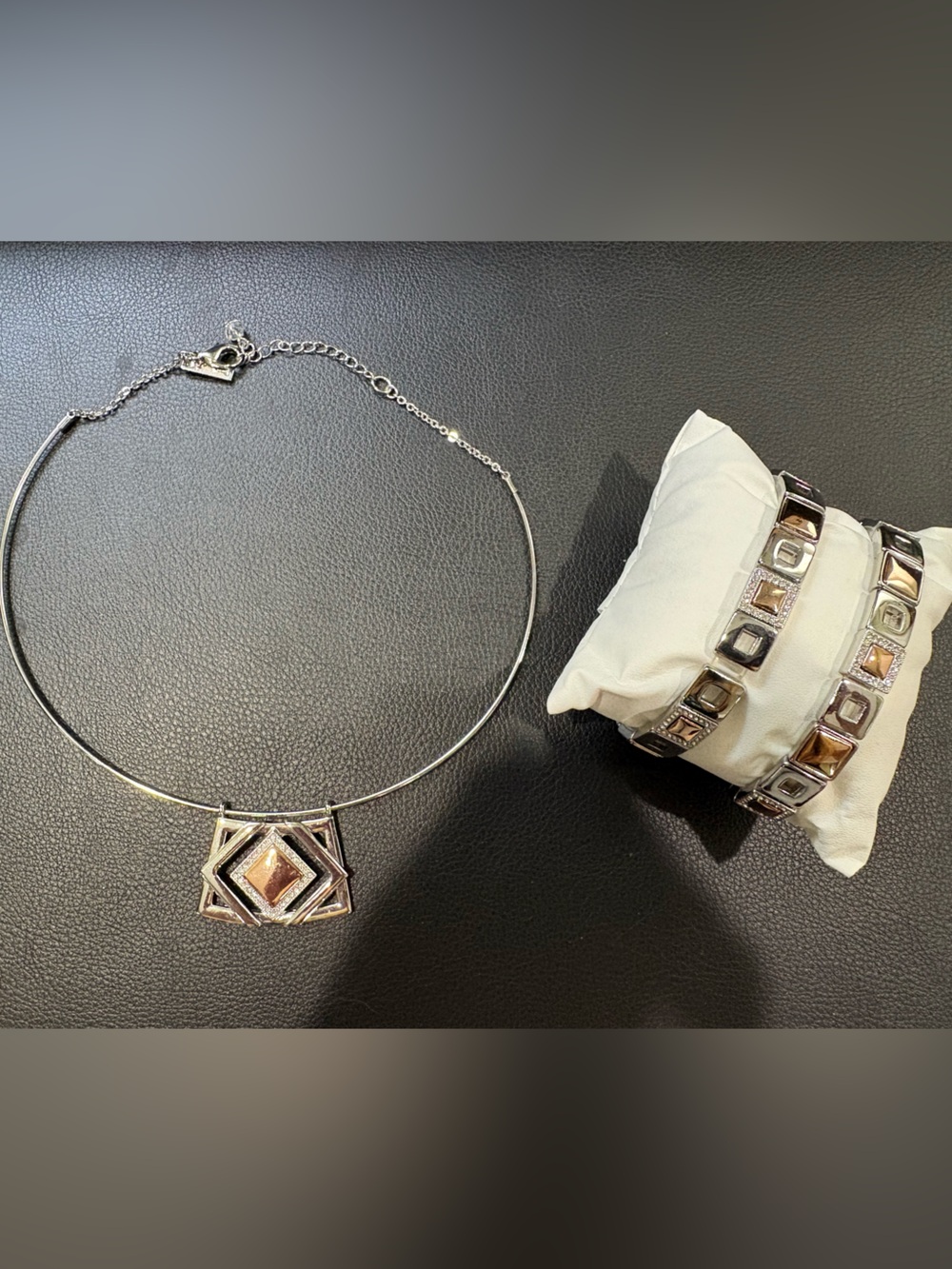WHBM Silver/Rose Geometric Adjustable Choker & bracelets with clear rhinestones